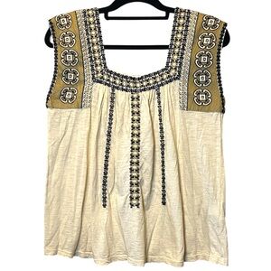 Lucky Brand Embroidered Blouse Women Medium Ivory Tan Black Boho Wide Strap Tank